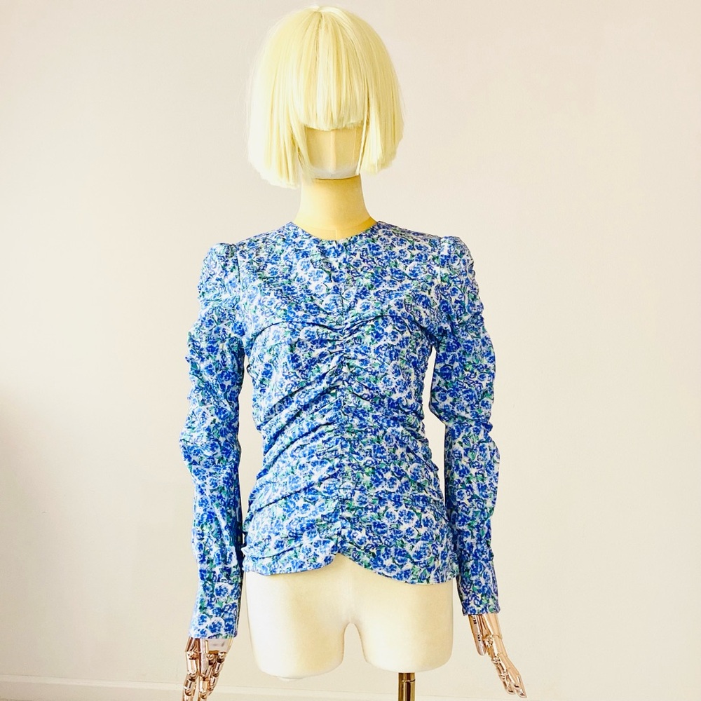 Zara Blue Floral Gathered V Neck Long Sleeves Blouse Top SZ XS
